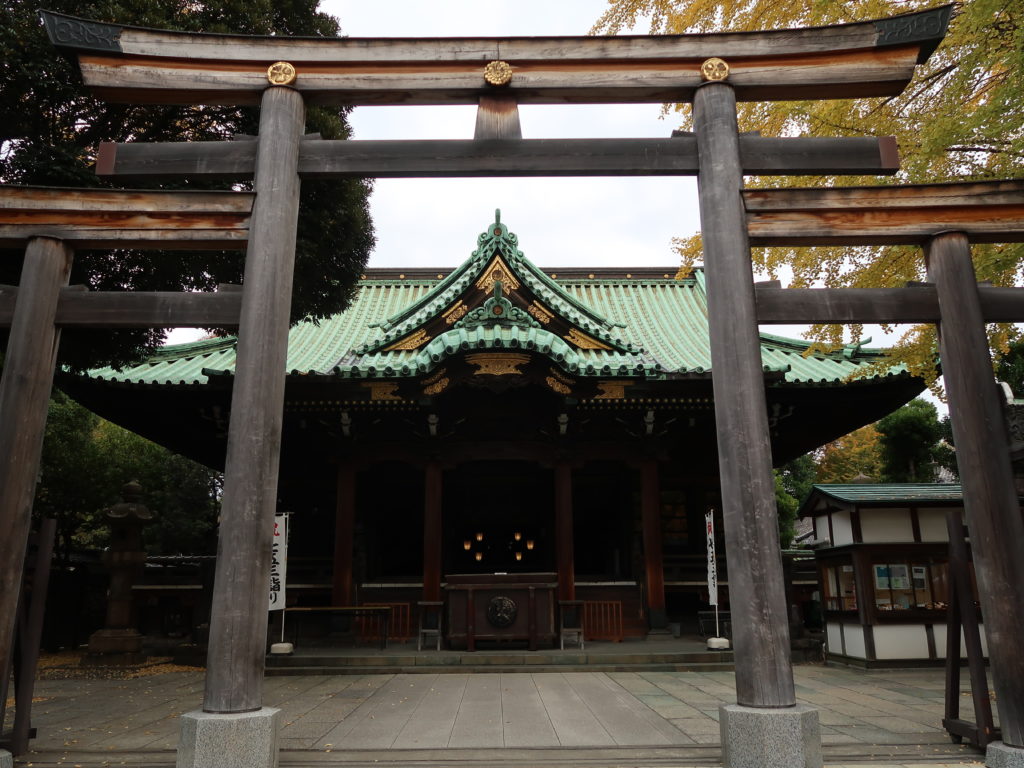 Ushijima Shrine in Tokyo near Sumida River with torii gate and traditional shrine building close to Tokyo Skytree