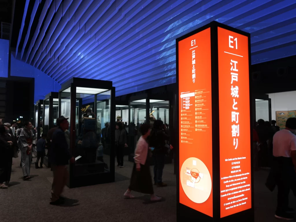 Indoor museum experience in Tokyo on a rainy day with visitors exploring exhibitions