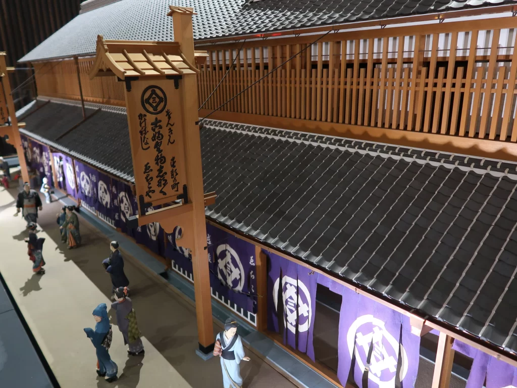 Edo period Mitsukoshi shop model inside Edo Tokyo Museum showing traditional merchant street scene