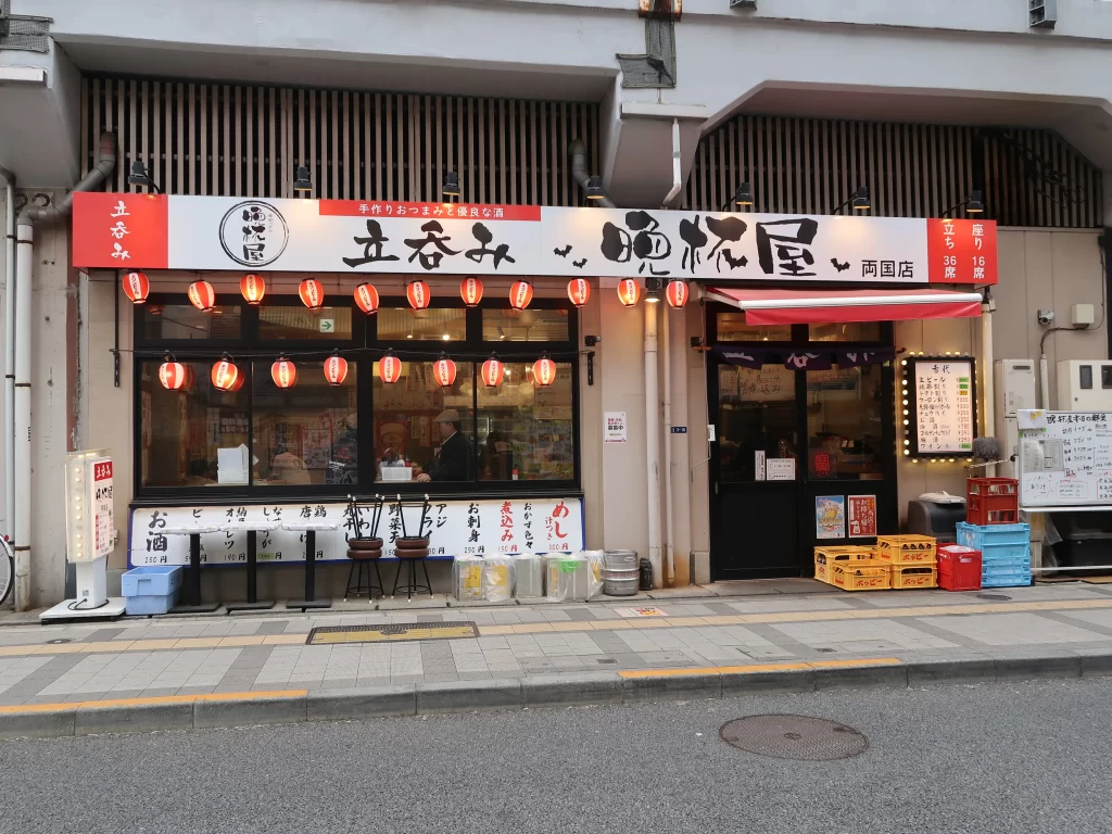 Traditional Japanese izakaya in Ryogoku with red lanterns and street seating