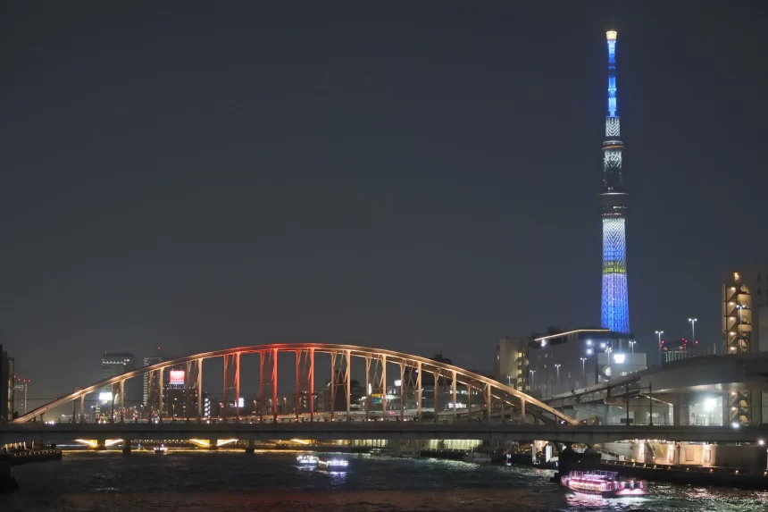 Yakatabune on the Sumida River and the night view of the Skytree